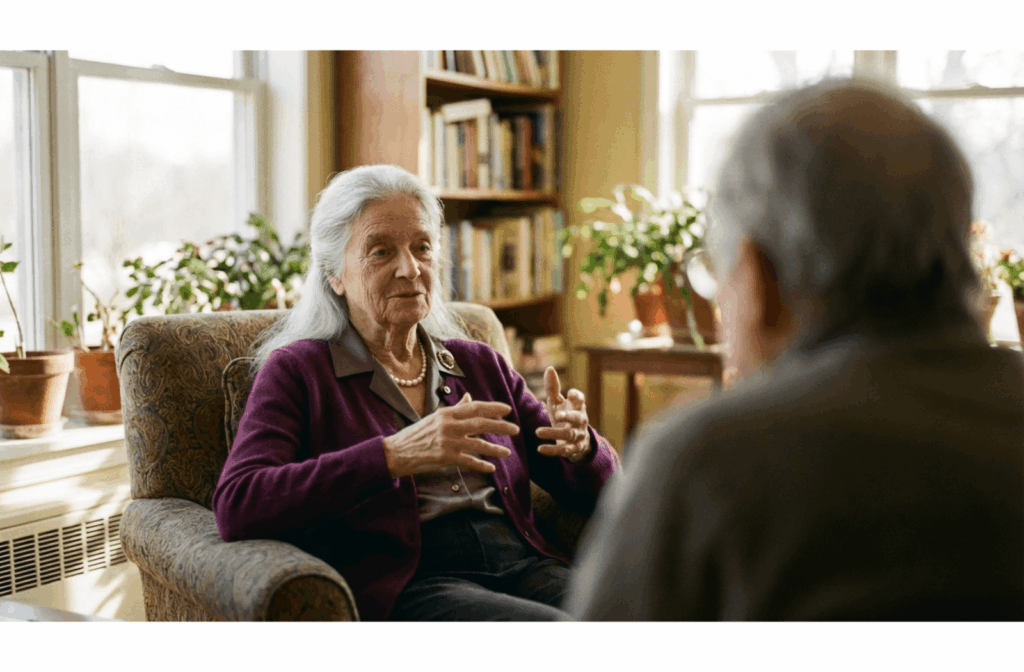 An older adult sitting in an armchair near a window engaging in conversation in a bright living space.