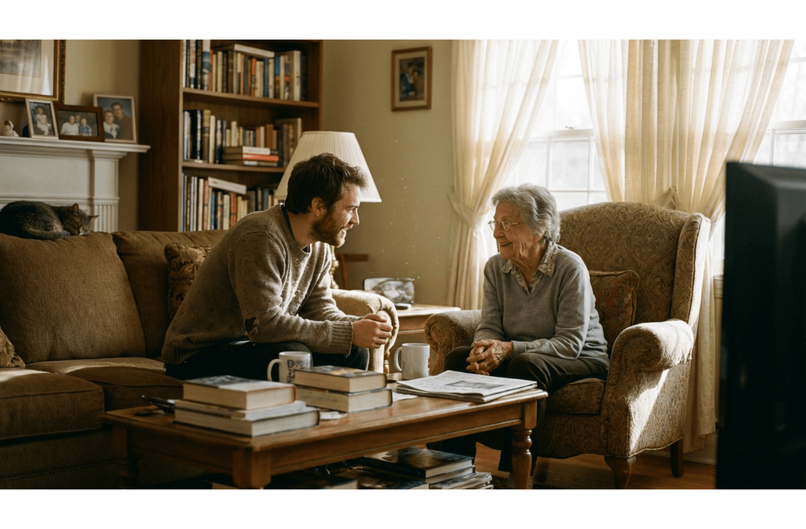 a young person speaking to their senior mother in a living room