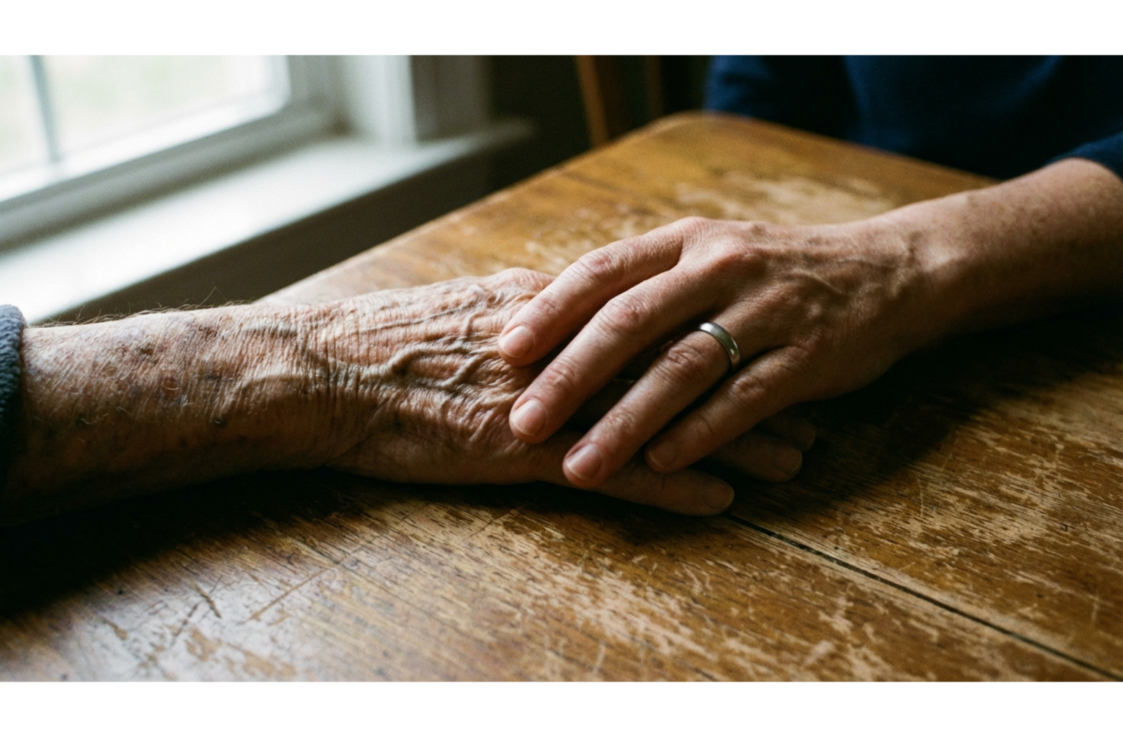 A younger adult hand gently covers an elderly person's weathered hand on a wooden table, illuminated by soft window light.