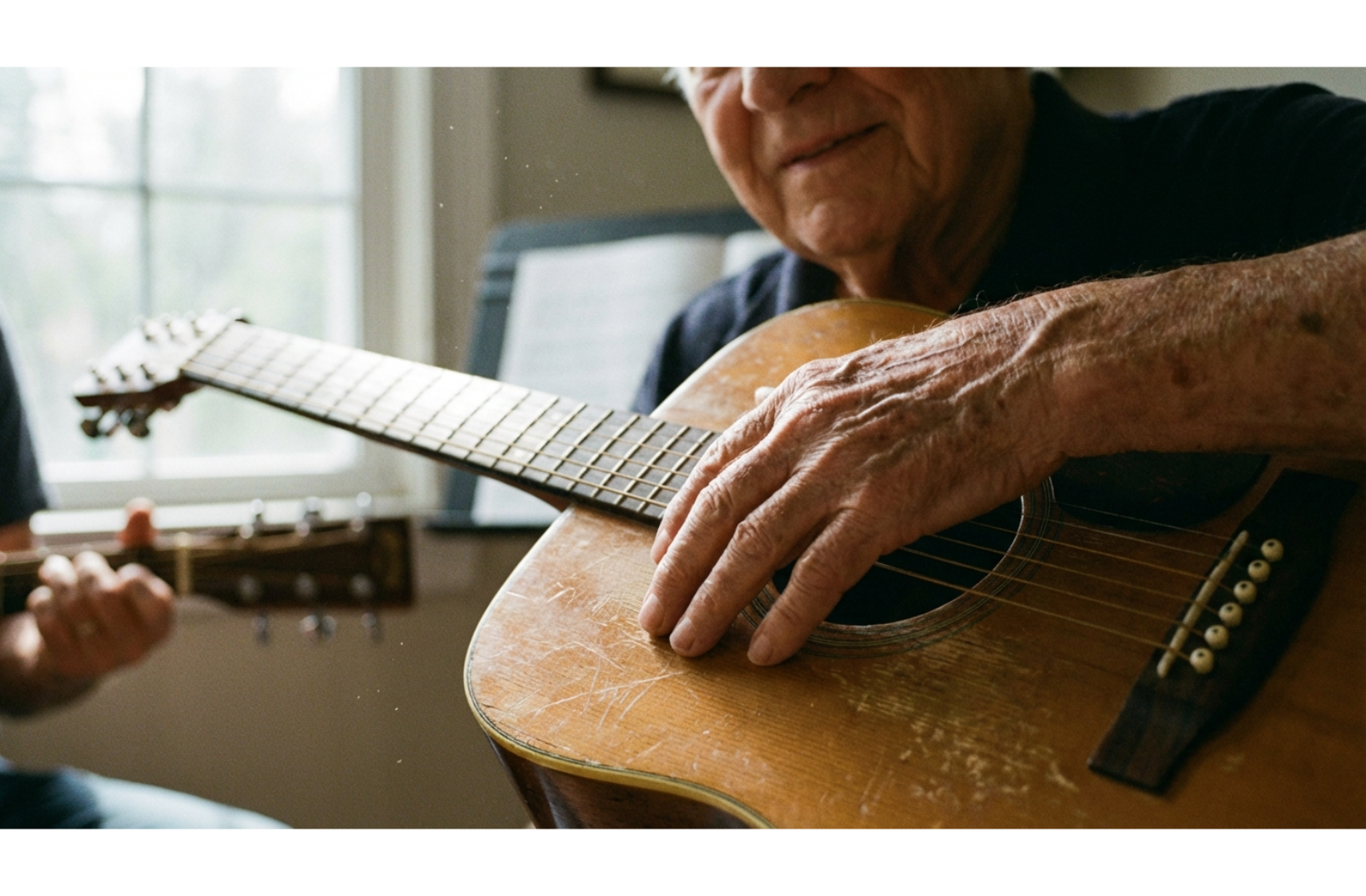 Close-up of an older adult's weathered hands resting on a guitar during a music therapy session with a blurred therapist in the background.