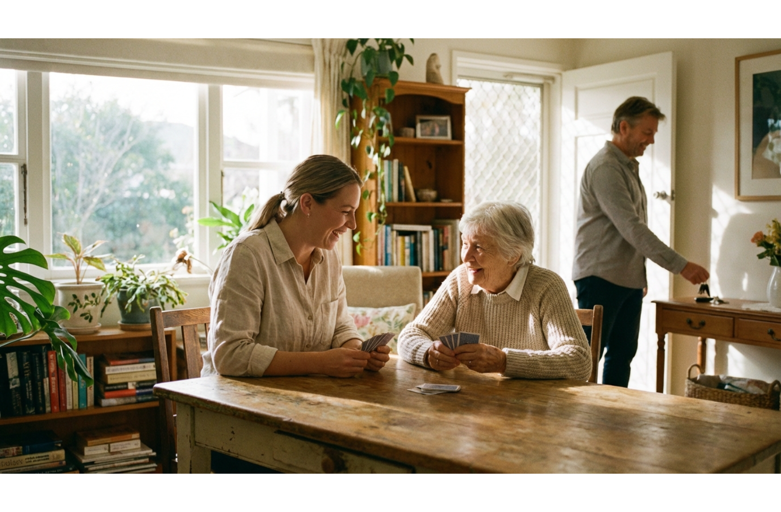 a senior sitting at a table speaking to a younger carer