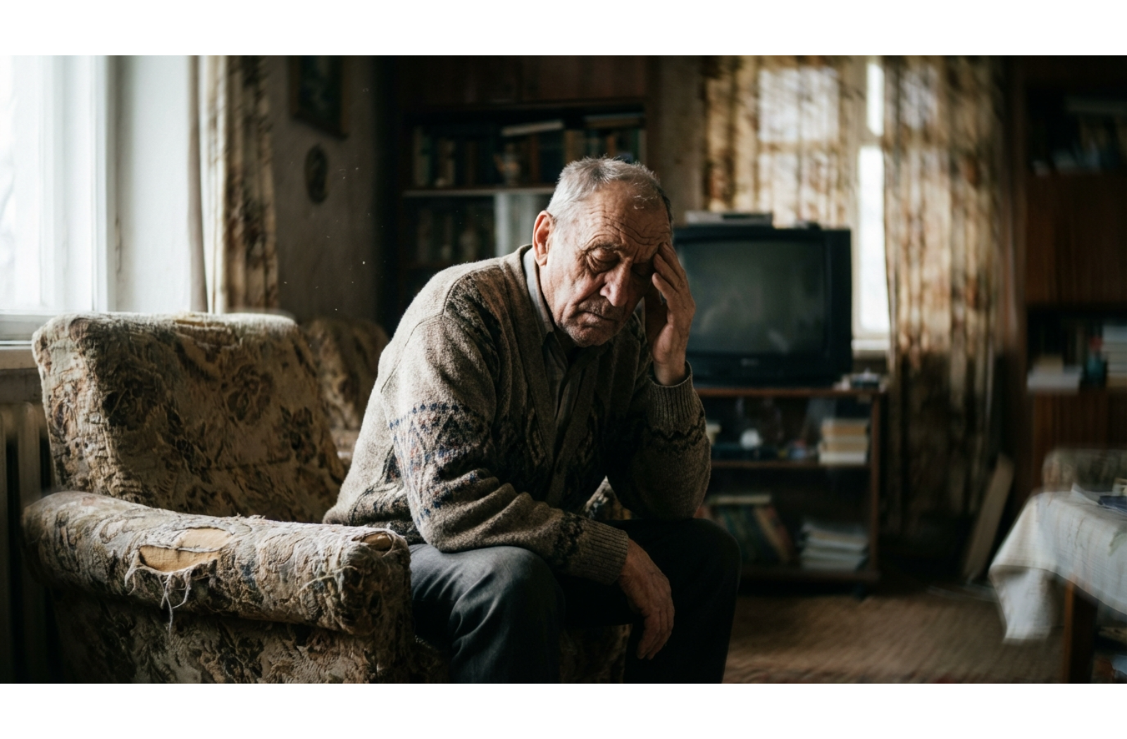 a senior sits in a room, holding his head